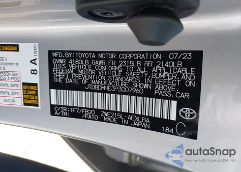 2023 Toyota Corolla Hybrid Le z USA, uszkodzony, nr VIN JTDBDMHE3P3007960